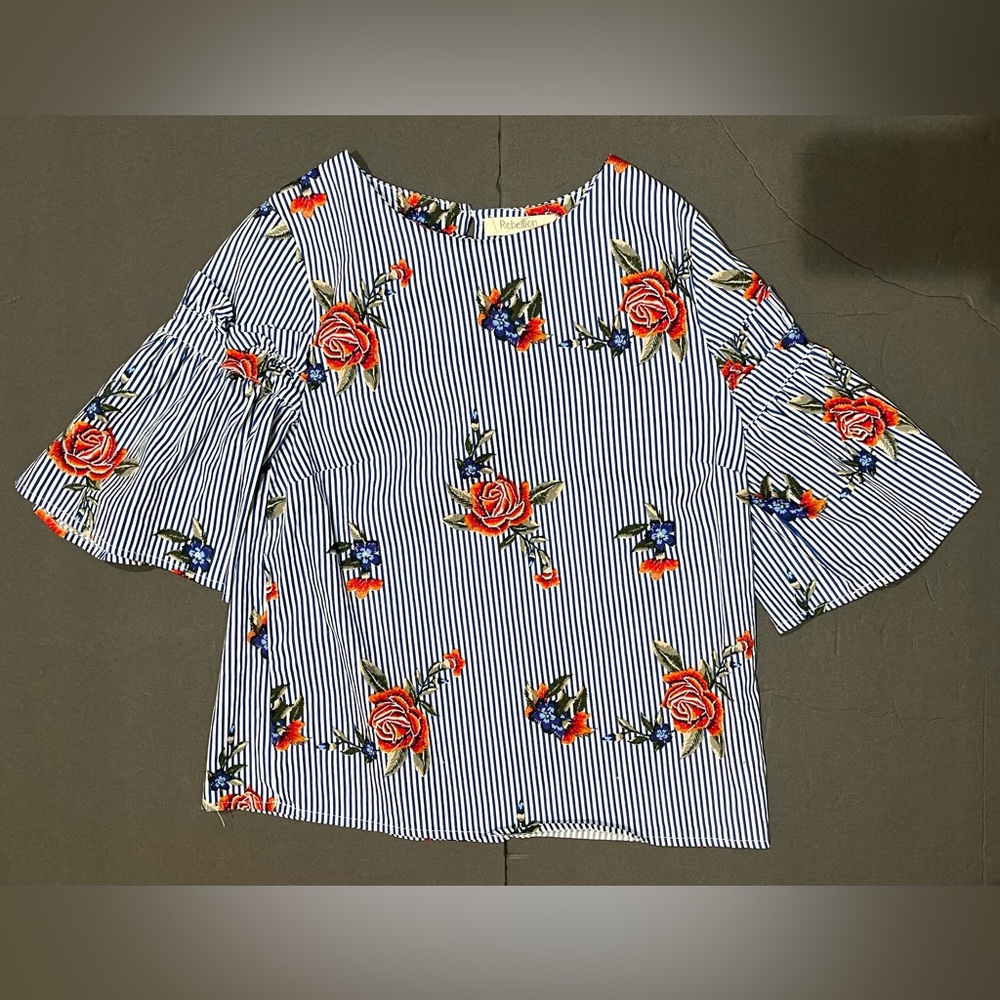 Floral Pinstripe Bell Sleeve Top